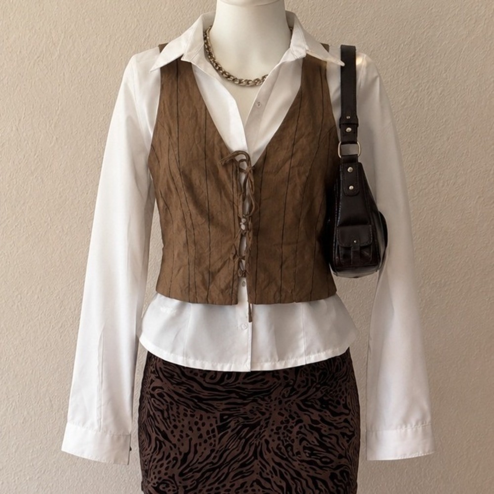 Pull&Bear Y2K Office Siren Pinstripe Vest Size S Brown Tie Front Old Money
